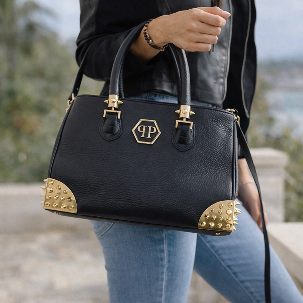 Philipp Plein Black Leather Studded  Handle and Crossbody EUC